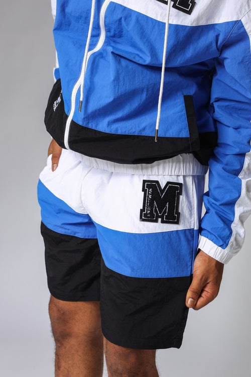 TWO TONE CHENILLE PATCH WINDBREAKER SHORTS