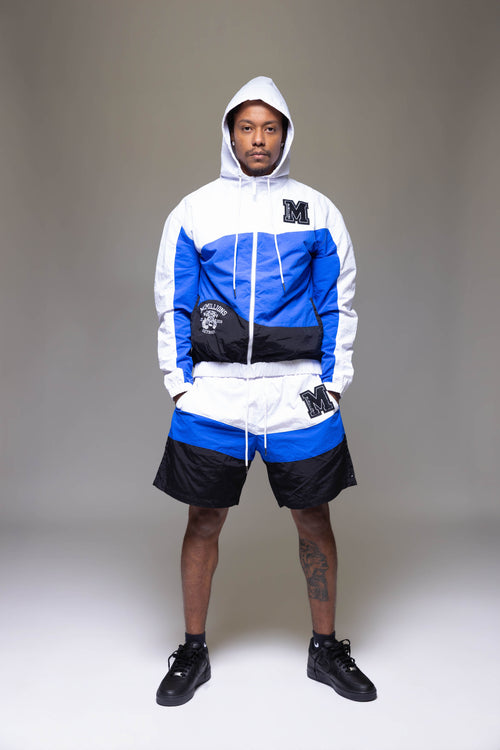 TWO TONE CHENILLE PATCH WINDBREAKER SHORTS