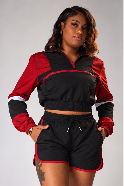 MCMILLIONS WOMEN TWO TONE MONOGRAM WINDBREAKER SHORTS