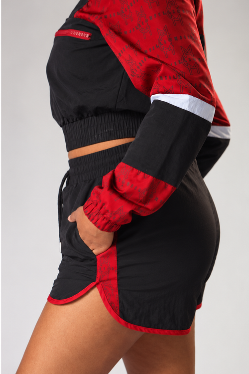 MCMILLIONS WOMEN TWO TONE MONOGRAM WINDBREAKER SHORTS